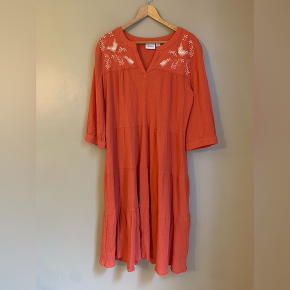 The Vermont Country Store Embroidered Crinkle Cotton Tiered Dress - Picture 1 of 6